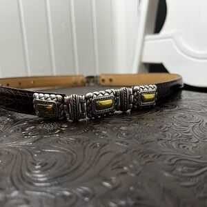 BRIGHTON Brown Crocodile Embossed Leather Belt w Silver & Gold Toned Charms